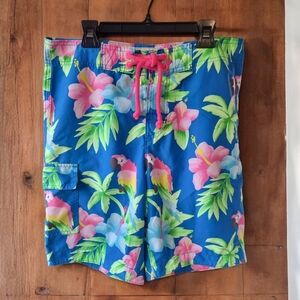 Hollister Swim Trunks Tropical Bright Colors Pink Parrots Medium Board Shorts